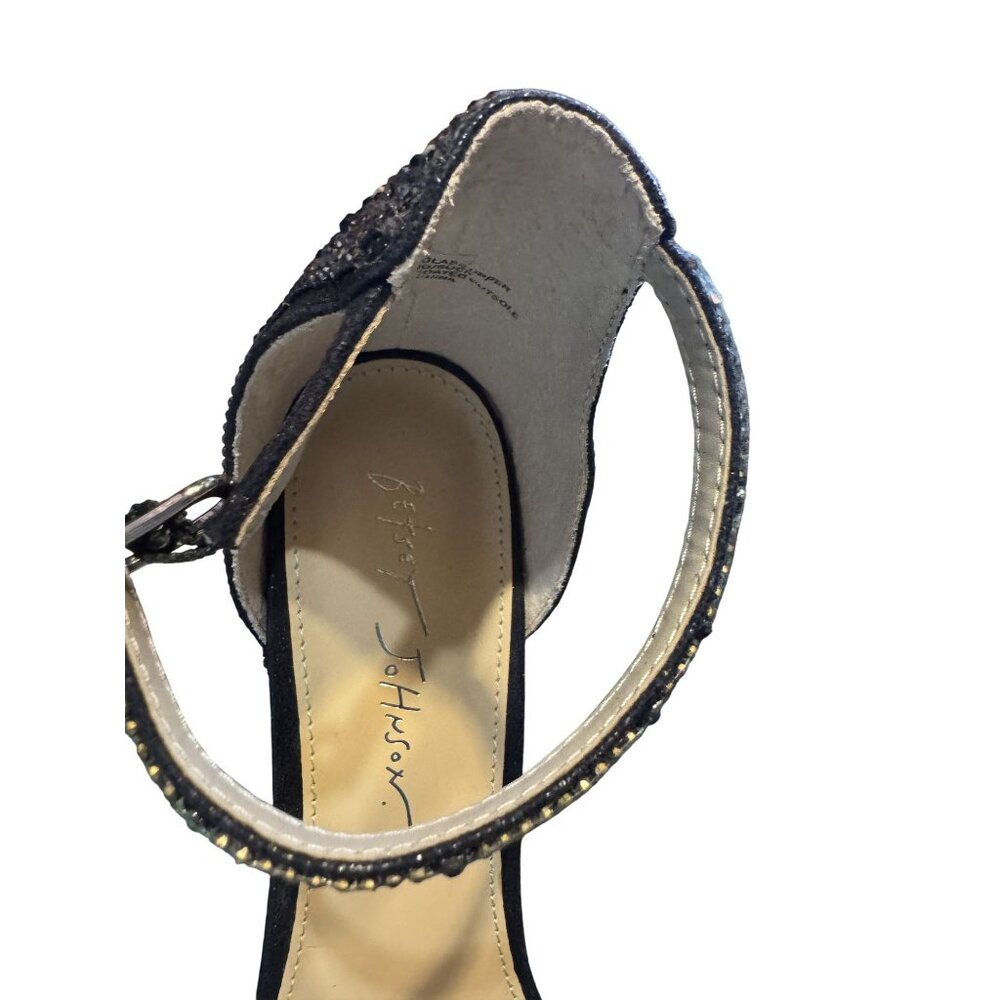 Betsey Johnson Womens Black Rhinestone-Embellished Ankle Strap Block Heel Sandal - Picture 3 of 7